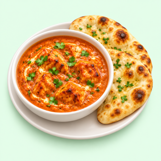 Playful whole-meal icon of chicken tikka masala with naan.