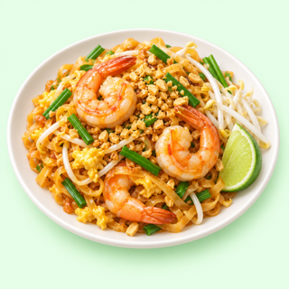 Playful whole-meal icon of pad thai with shrimp and lime.