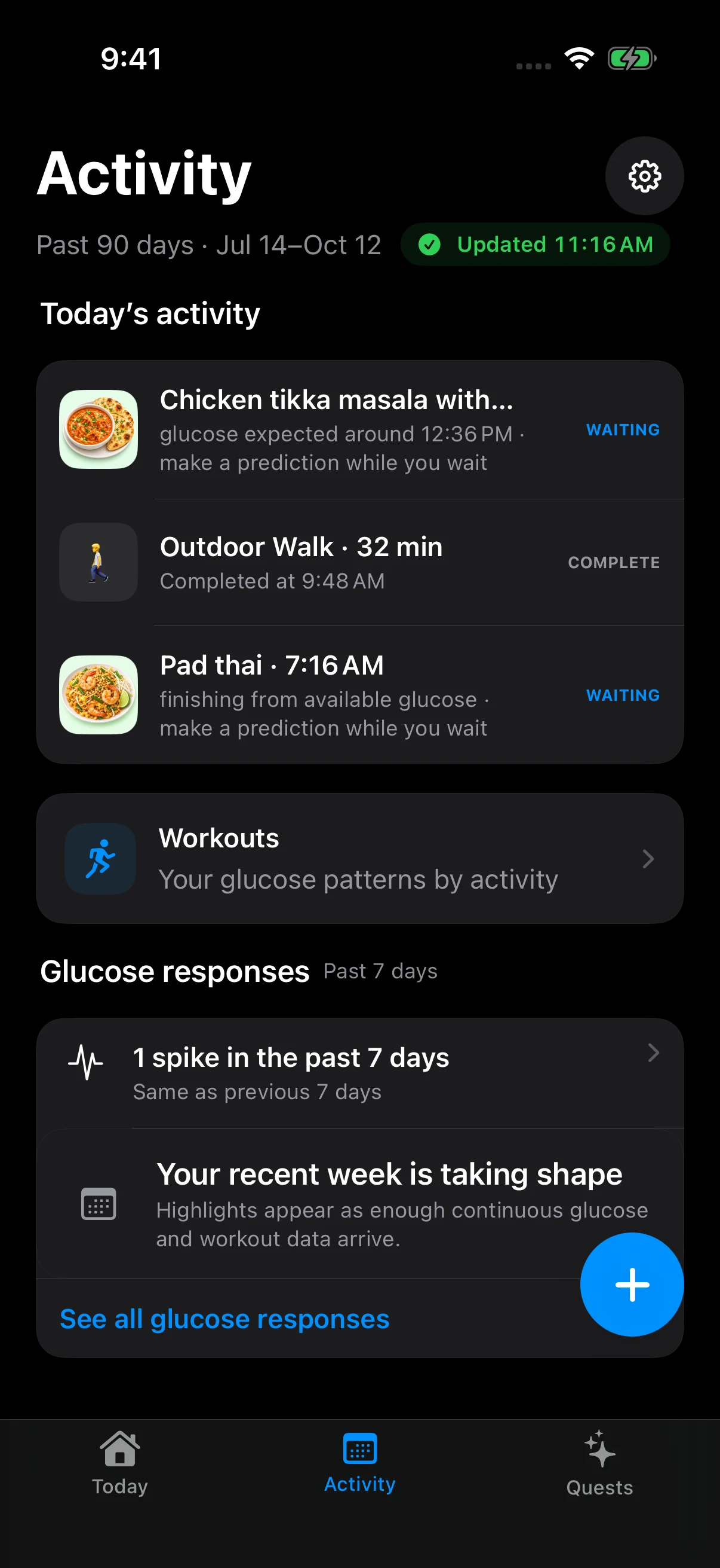 SpikeSmart Activity tab showing chicken tikka masala with naan, an Outdoor Walk, and pad thai together in today’s activity timeline.