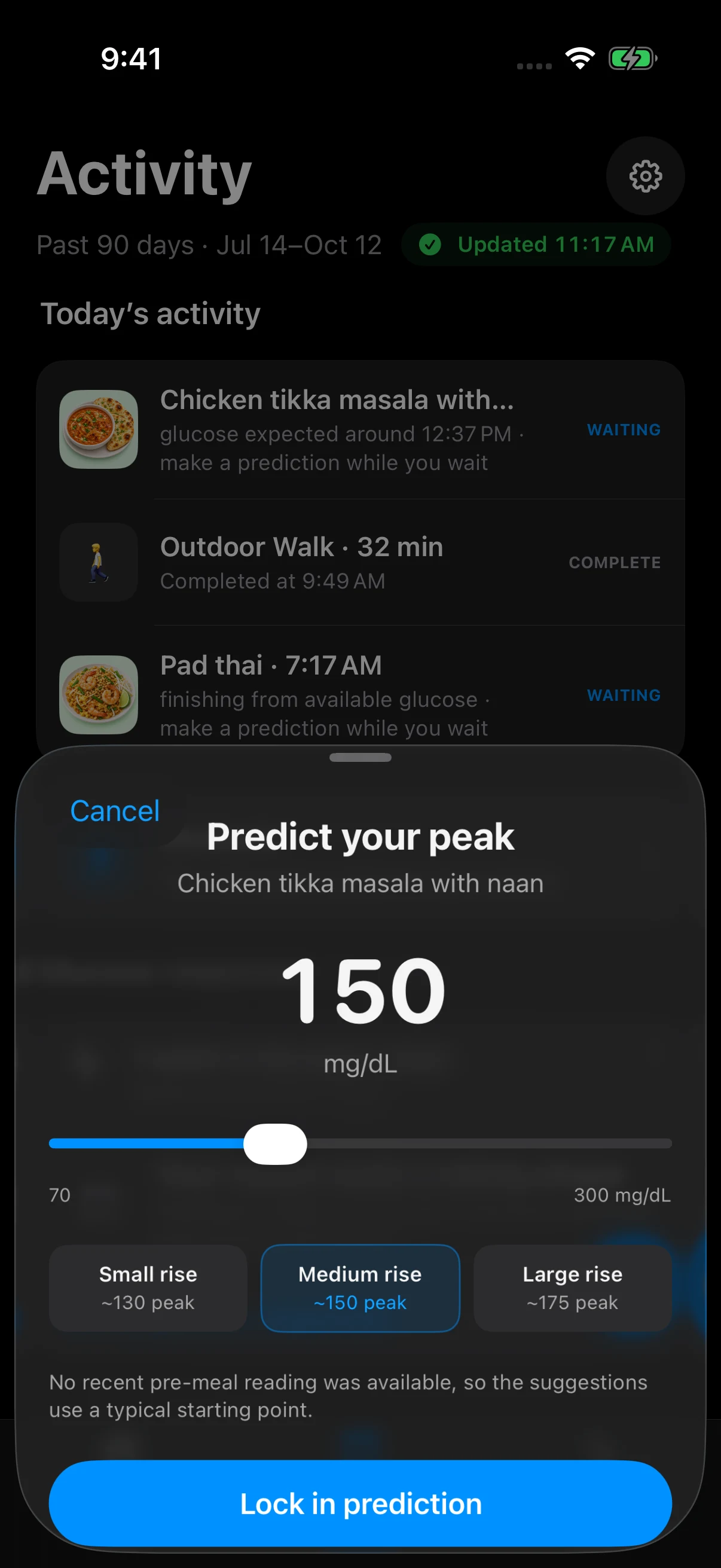 SpikeSmart Predict your peak sheet for chicken tikka masala with naan, with a glucose slider and Lock in prediction button.