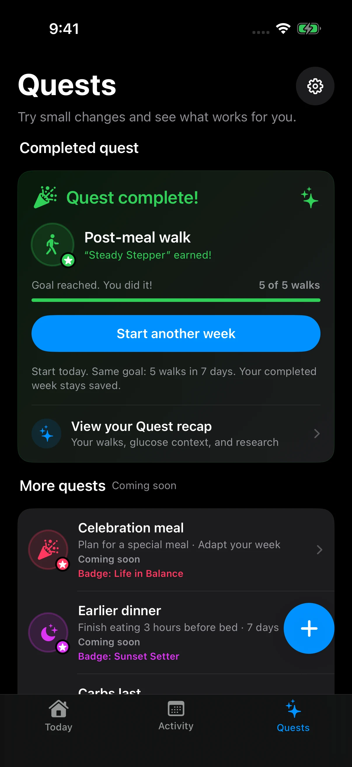 SpikeSmart Quests tab with the Post-meal walk Quest and its five-walk weekly progress.